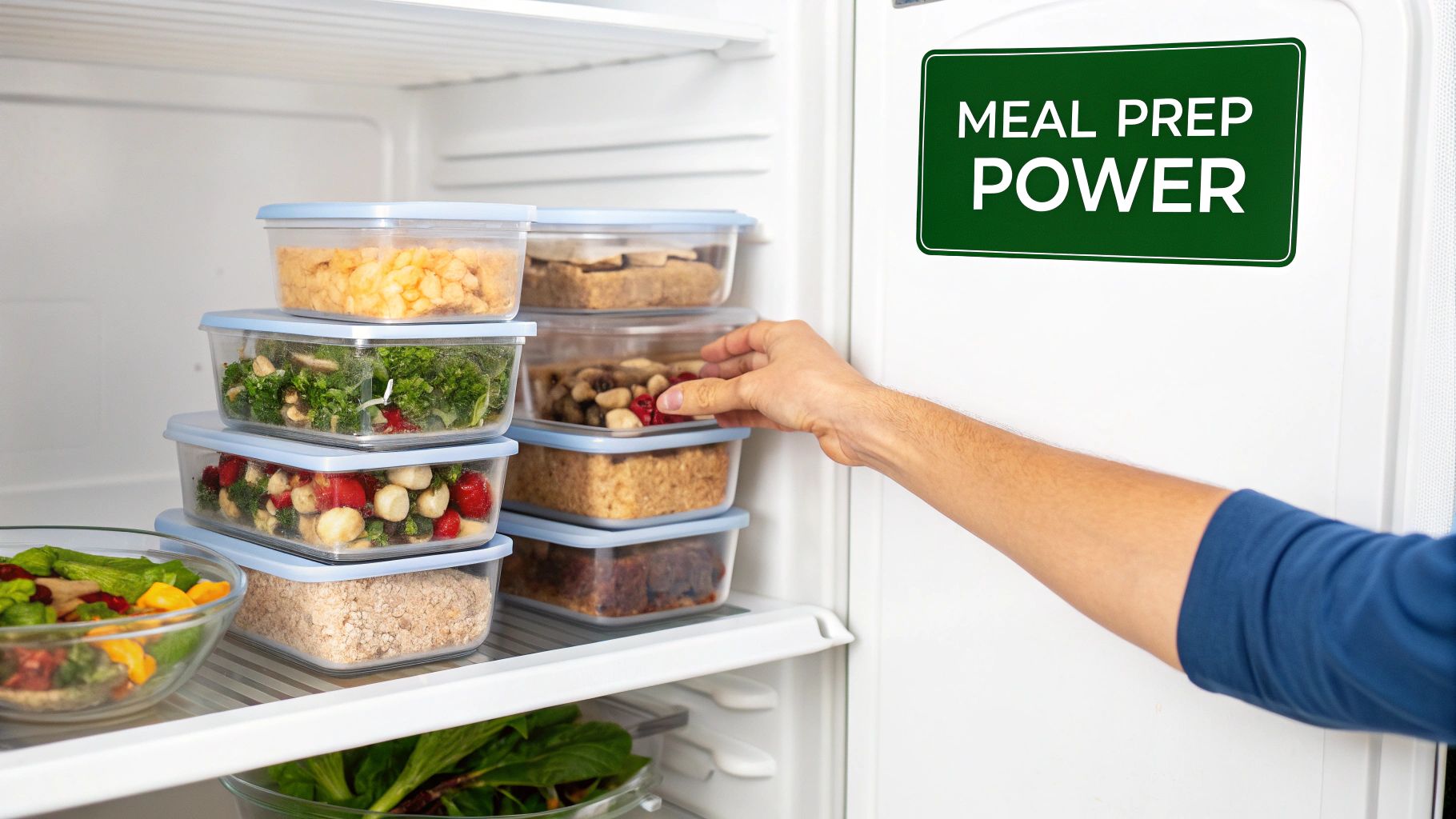 A hand grabs a meal prep container from a fridge stocked with healthy ingredients.
