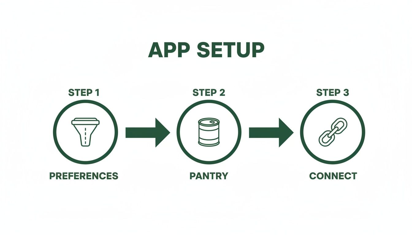 A three-step app setup guide with icons: Preferences (funnel), Pantry (can), and Connect (chain links).