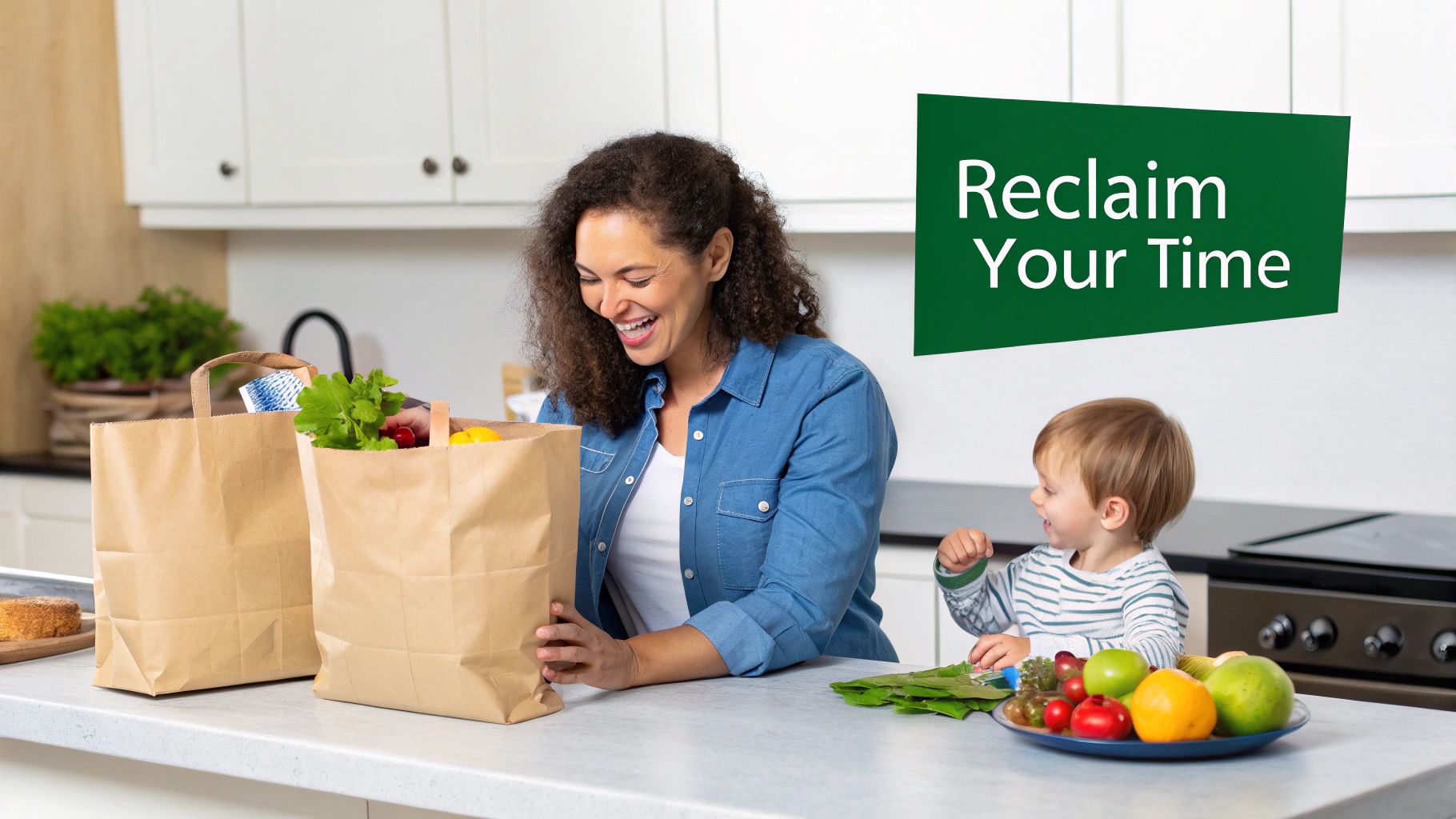 A happy woman unpacks fresh groceries with a child in a bright kitchen, text says 'Reclaim Your Time'.