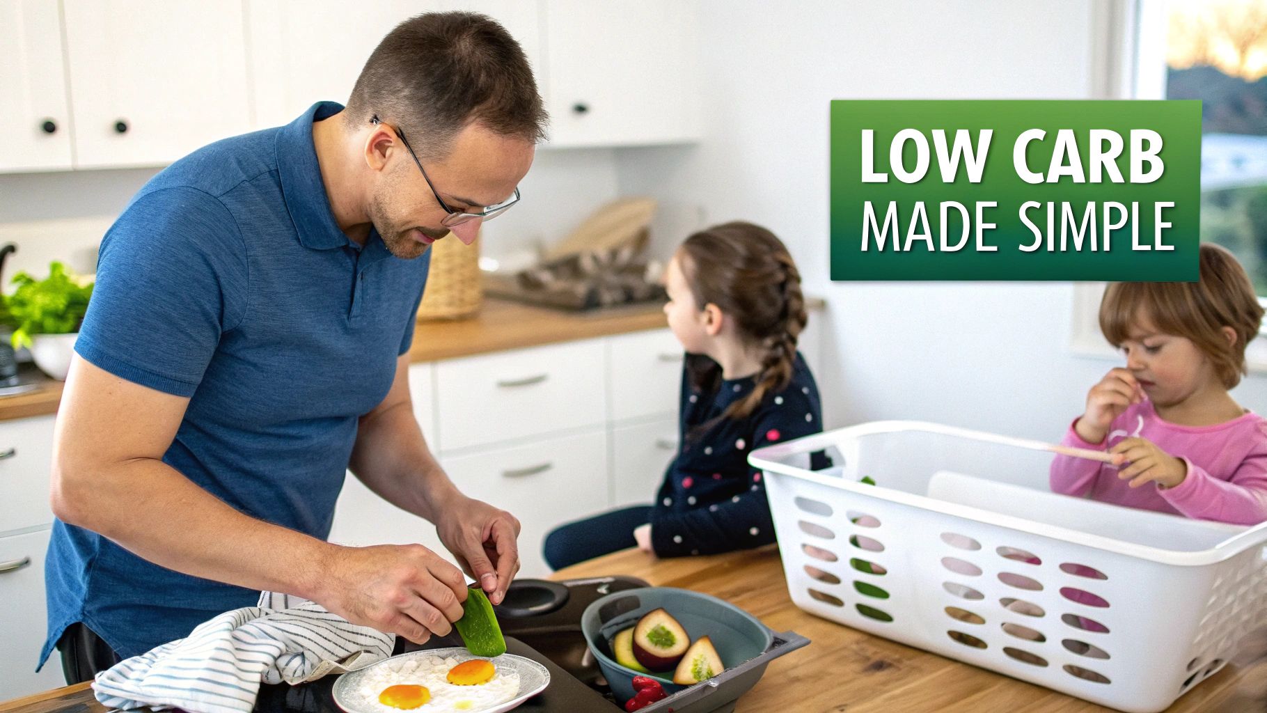 A man prepares a low-carb meal with eggs and vegetables, watched by two young girls in a kitchen.