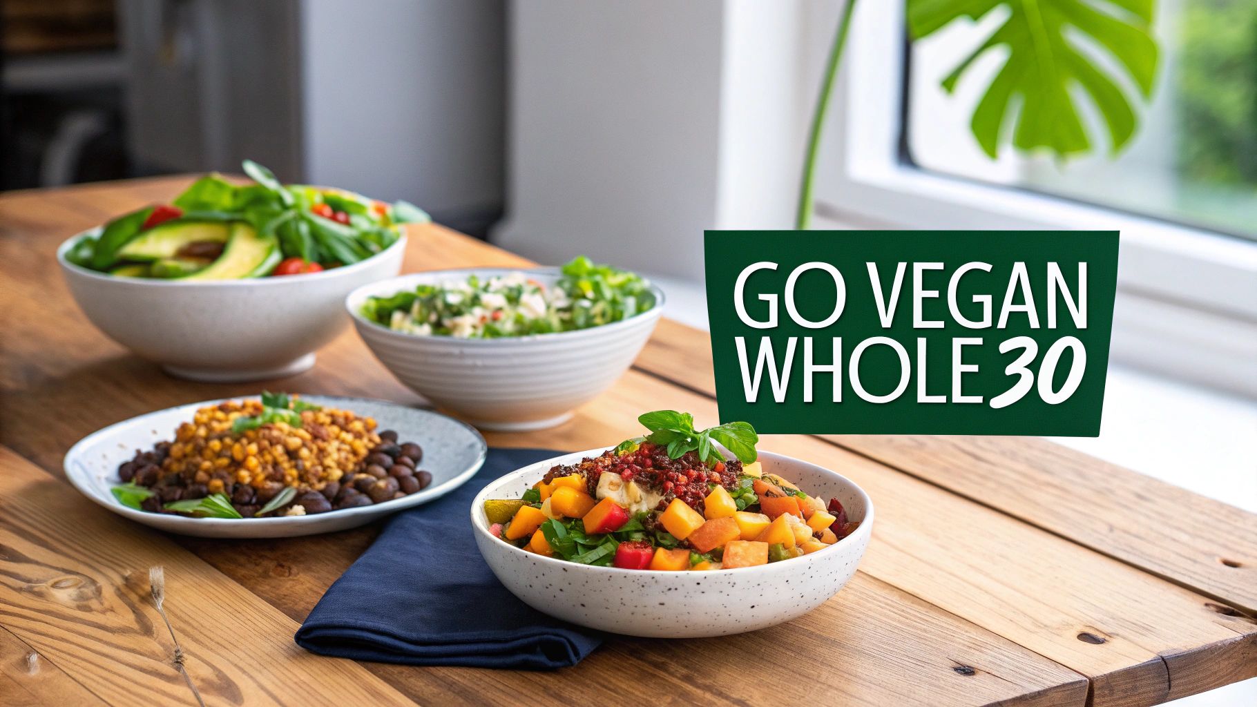 A spread of delicious vegan Whole30 meals, including salads and grain bowls, on a rustic wooden table.