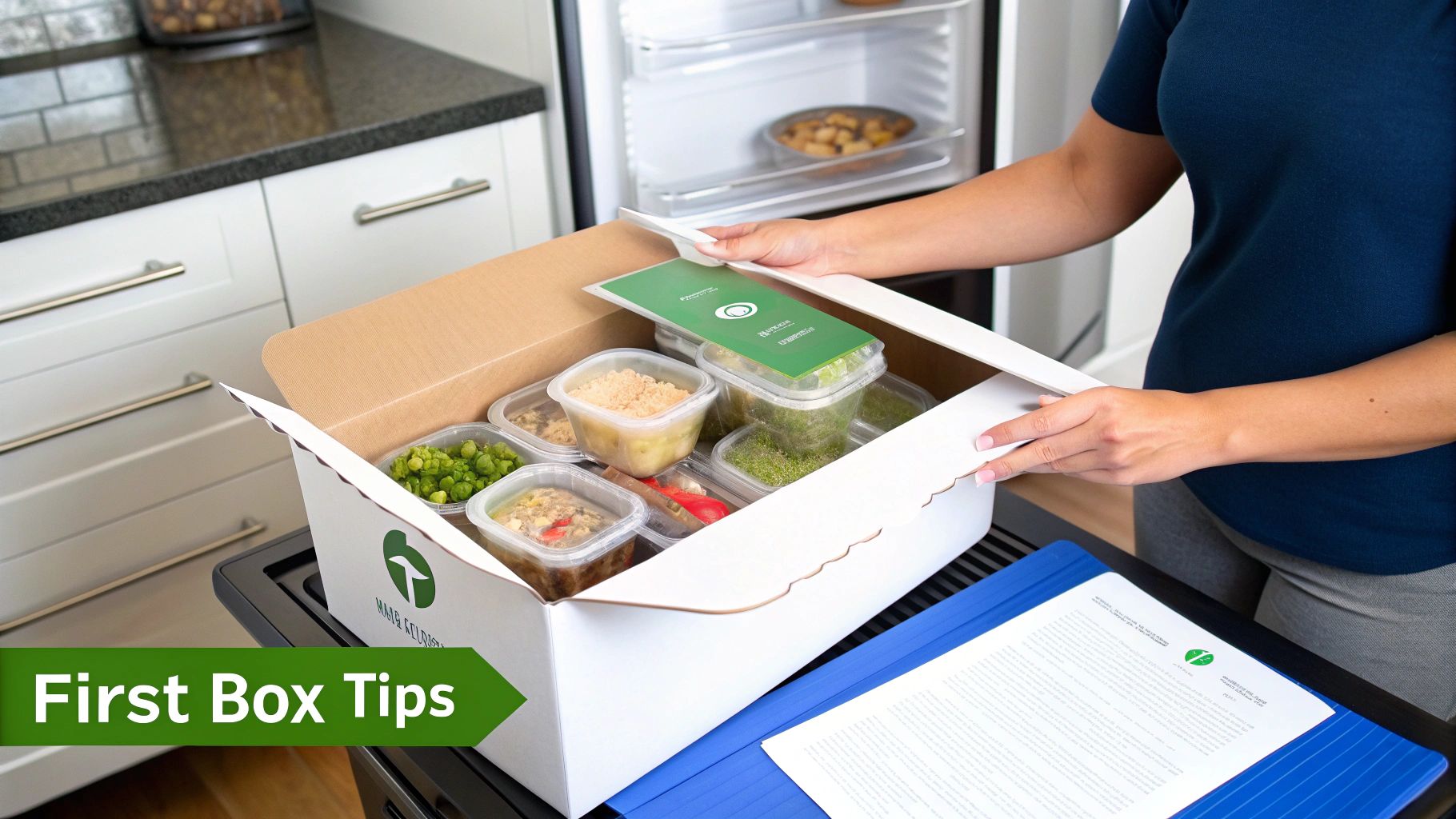 A person unboxes a meal delivery kit with pre-portioned meals in containers, alongside 'First Box Tips'.