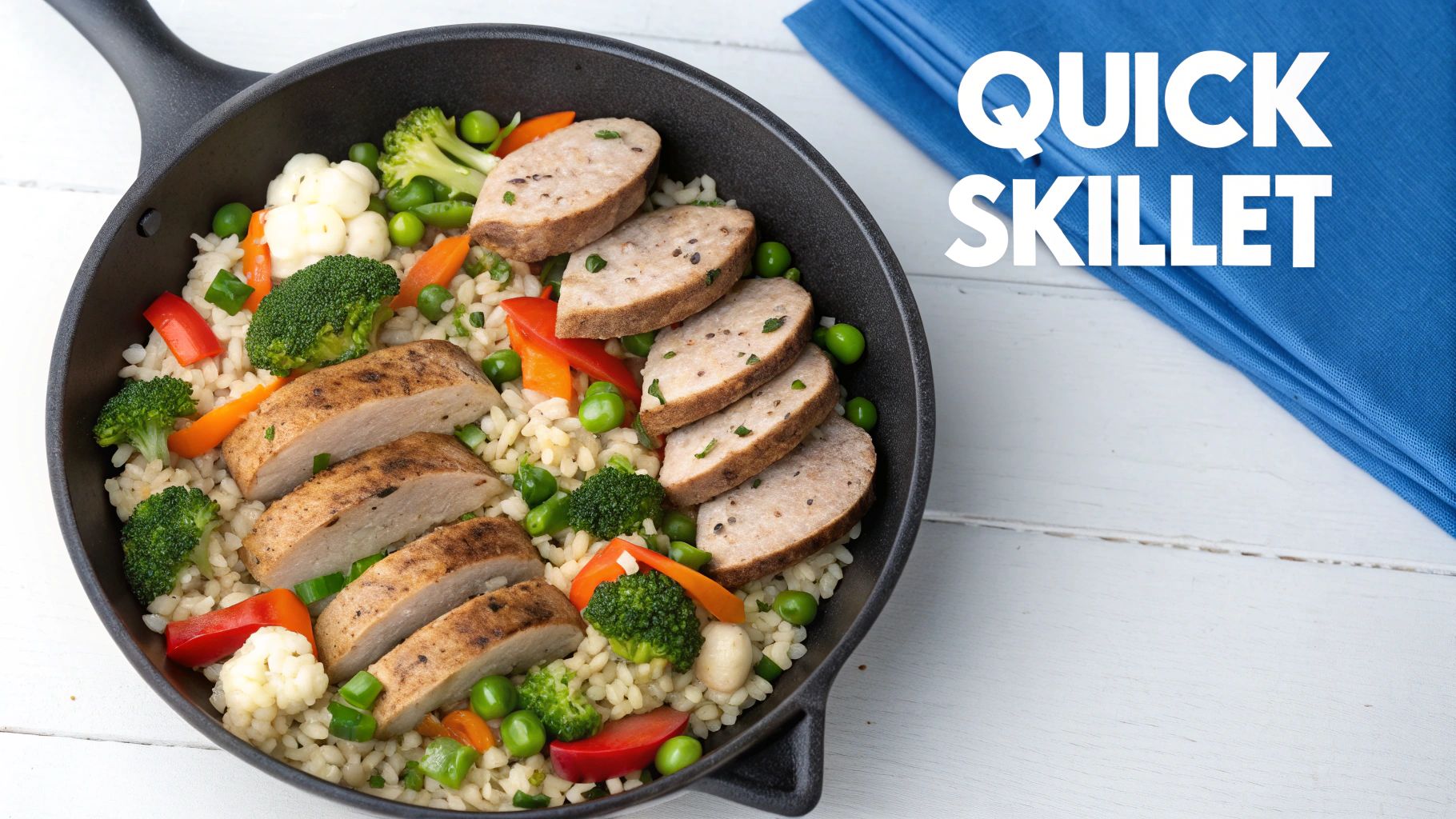 A quick skillet meal with sliced chicken sausage, brown rice, broccoli, cauliflower, and vegetables.