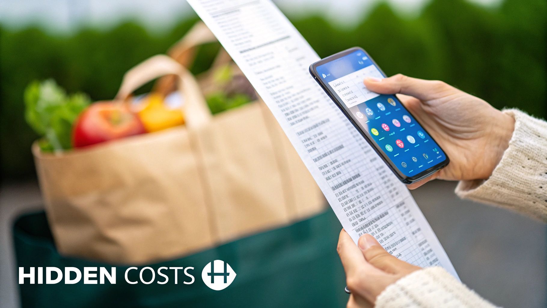 Hands holding a long grocery receipt and smartphone, with a blurred bag of produce in the background.