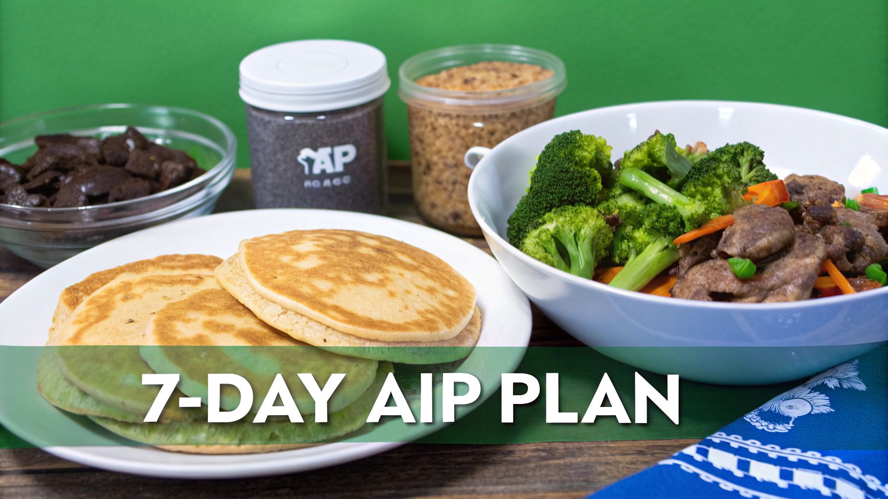 A spread of prepared meals including pancakes, stir-fry, and jars, representing a 7-day AIP diet plan.