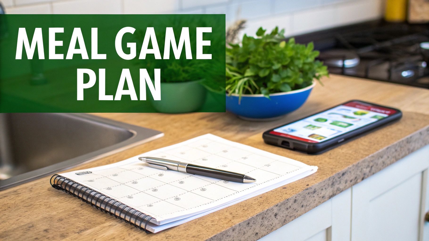 A kitchen counter with a 'MEAL GAME PLAN' banner, a meal planner, pen, and smartphone displaying food items.