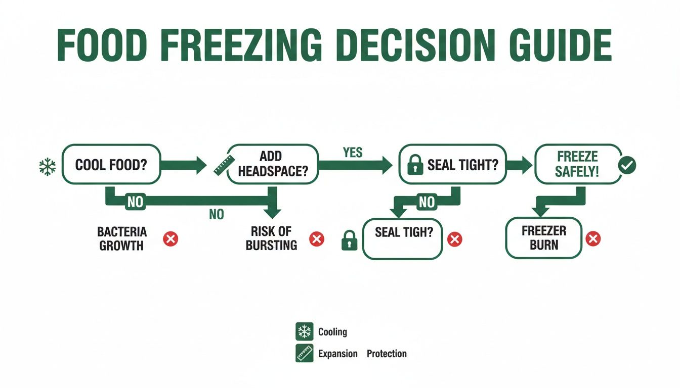 A flowchart titled 'Food Freezing Decision Guide' outlining steps for safe food freezing.