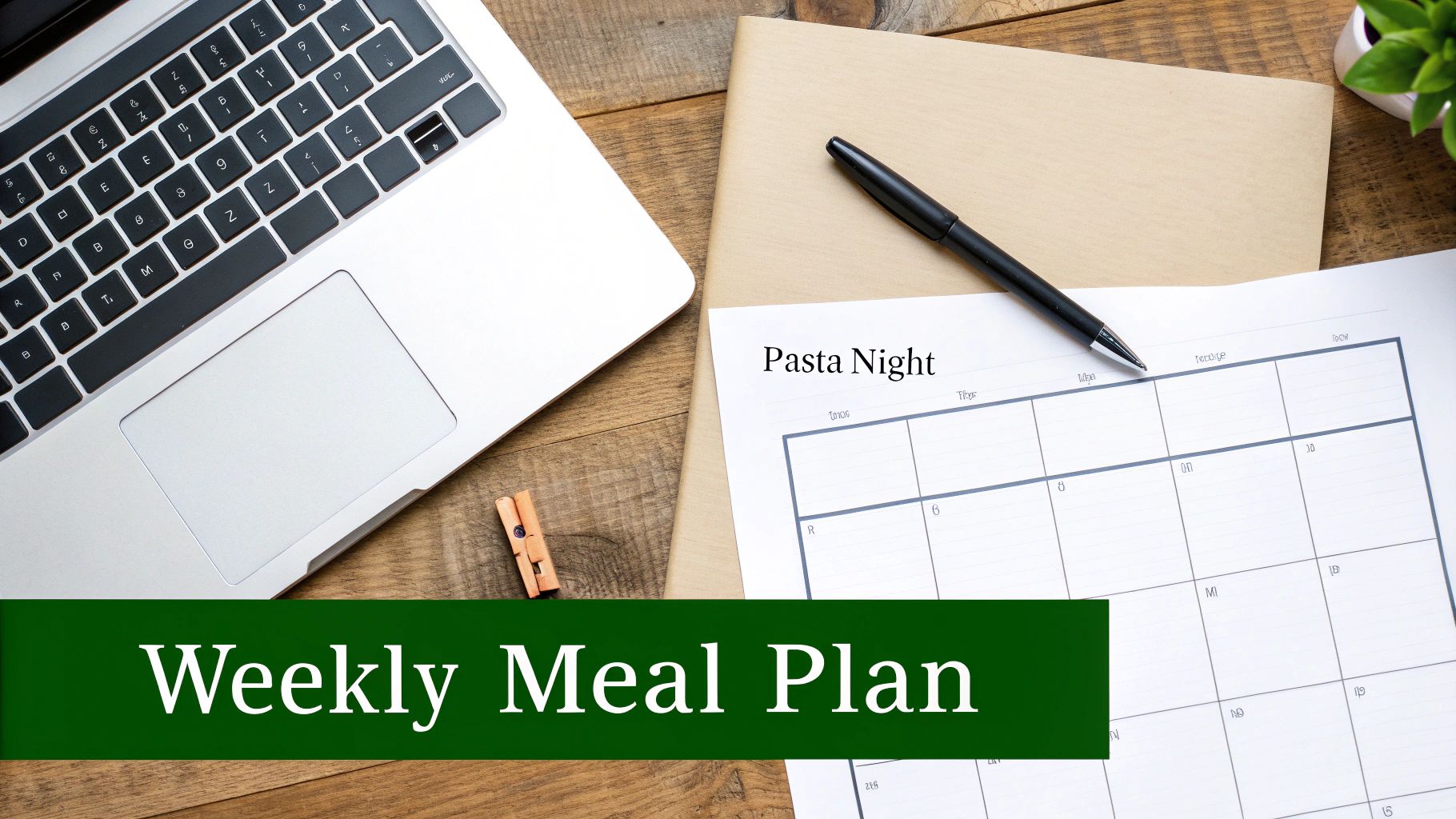 A flat lay of a laptop, a pen, and a "Weekly Meal Plan" calendar on a wooden desk.
