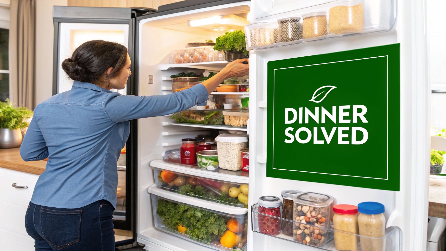 A person using a grocery list meal planner app on their smartphone in a modern kitchen, with fresh vegetables on the counter.