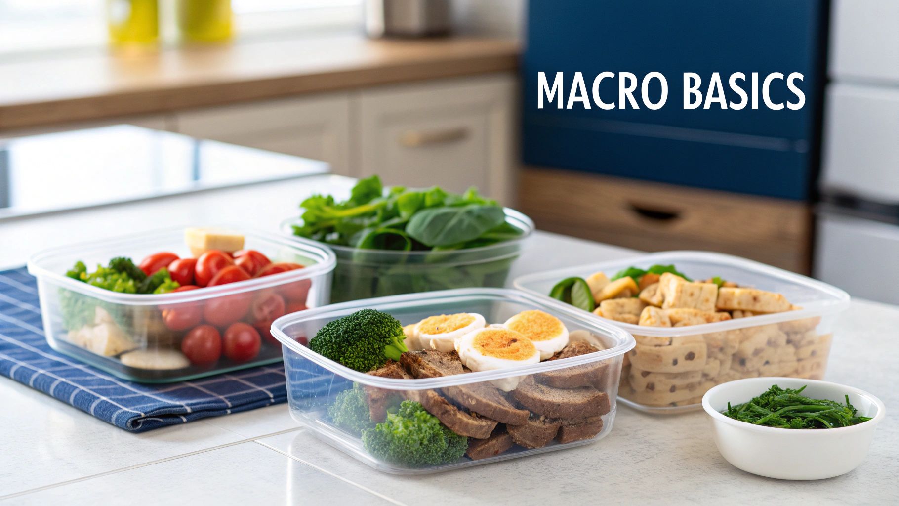 Healthy meal prep containers with fresh vegetables, eggs, and protein, arranged on a kitchen counter.