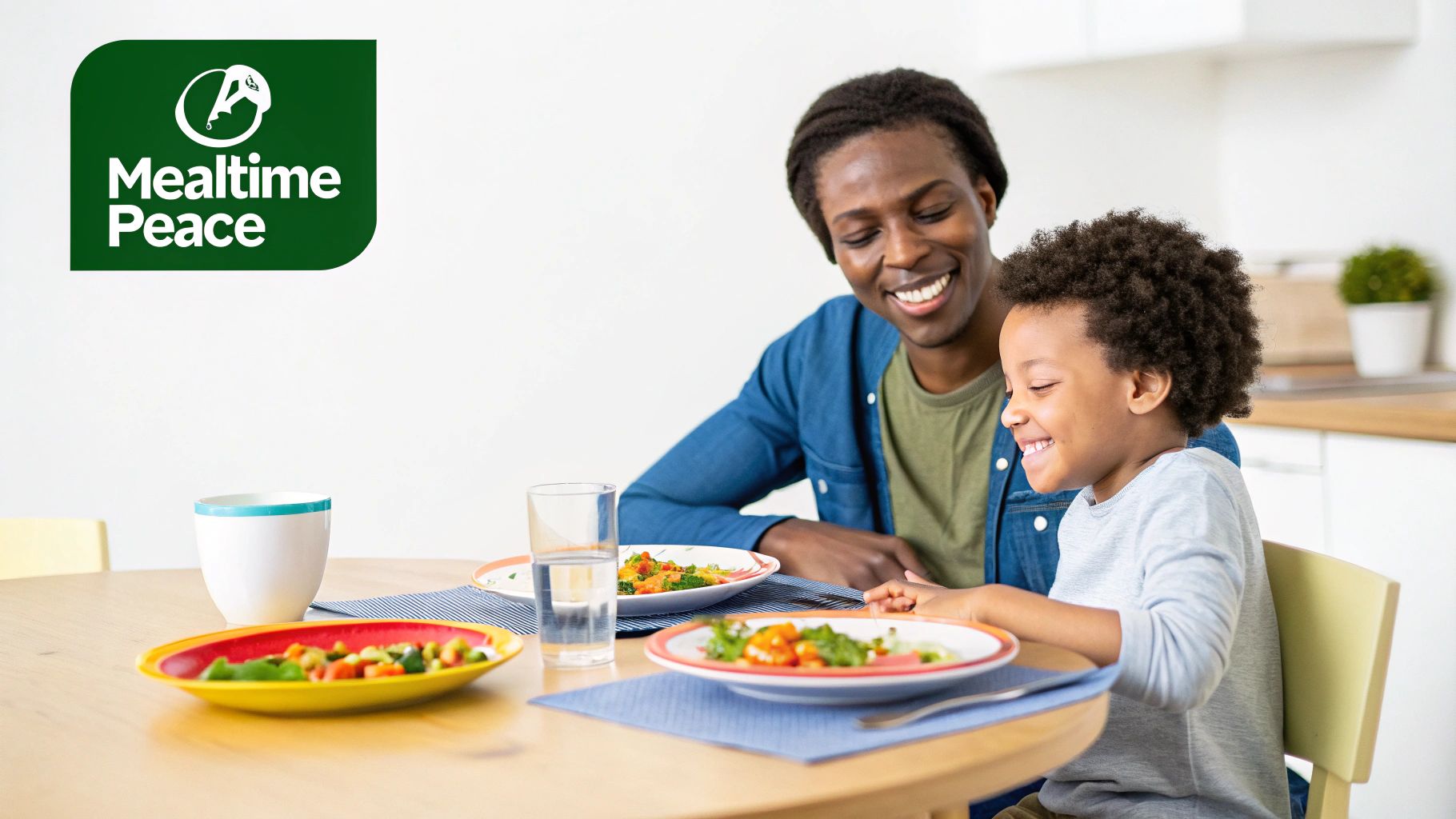 A smiling Black father and son share a healthy meal at a table, enjoying mealtime.