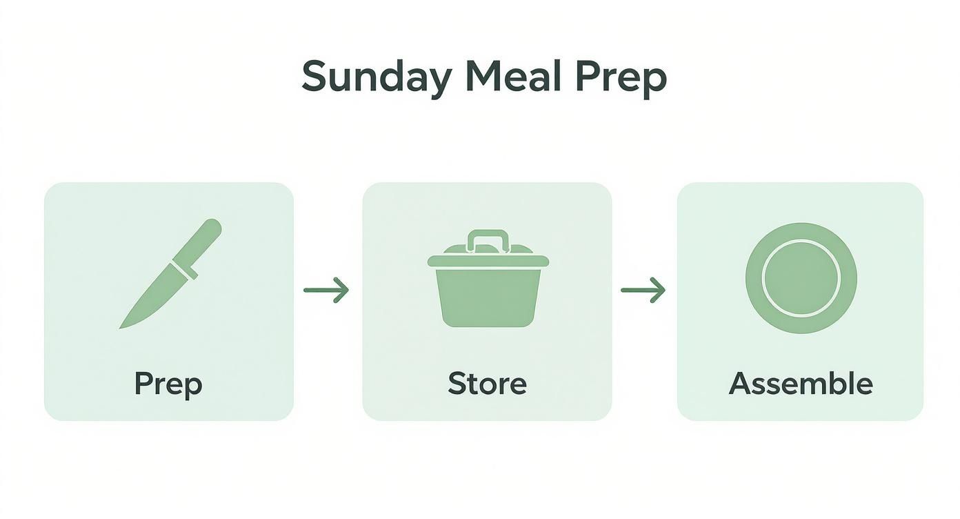 A graphic illustrating a three-step Sunday meal prep process: Prep, Store, Assemble.