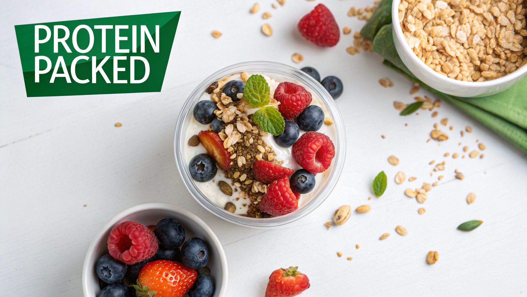 Overhead view of a protein-packed yogurt parfait with berries, granola, and mint leaves on a white table.