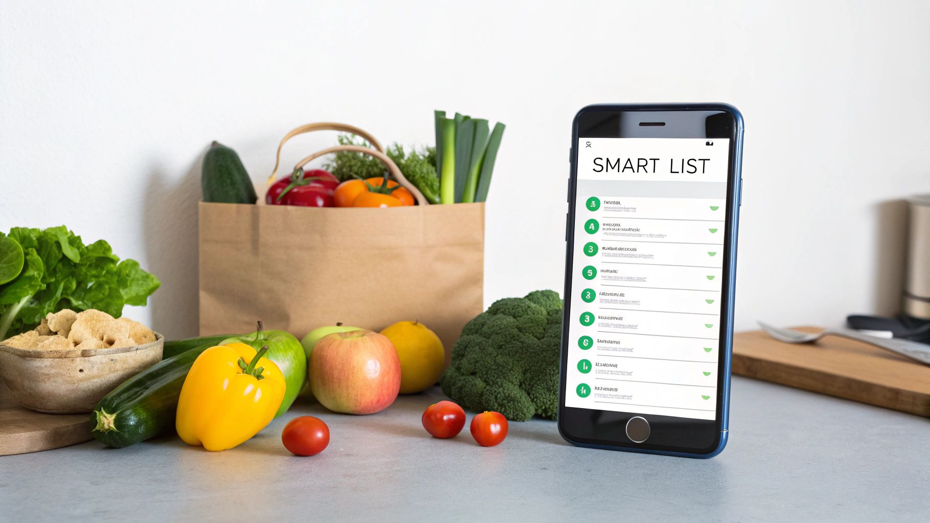 A digital illustration showing recipe icons flowing into a smartphone screen and coming out as a perfectly organized grocery list.