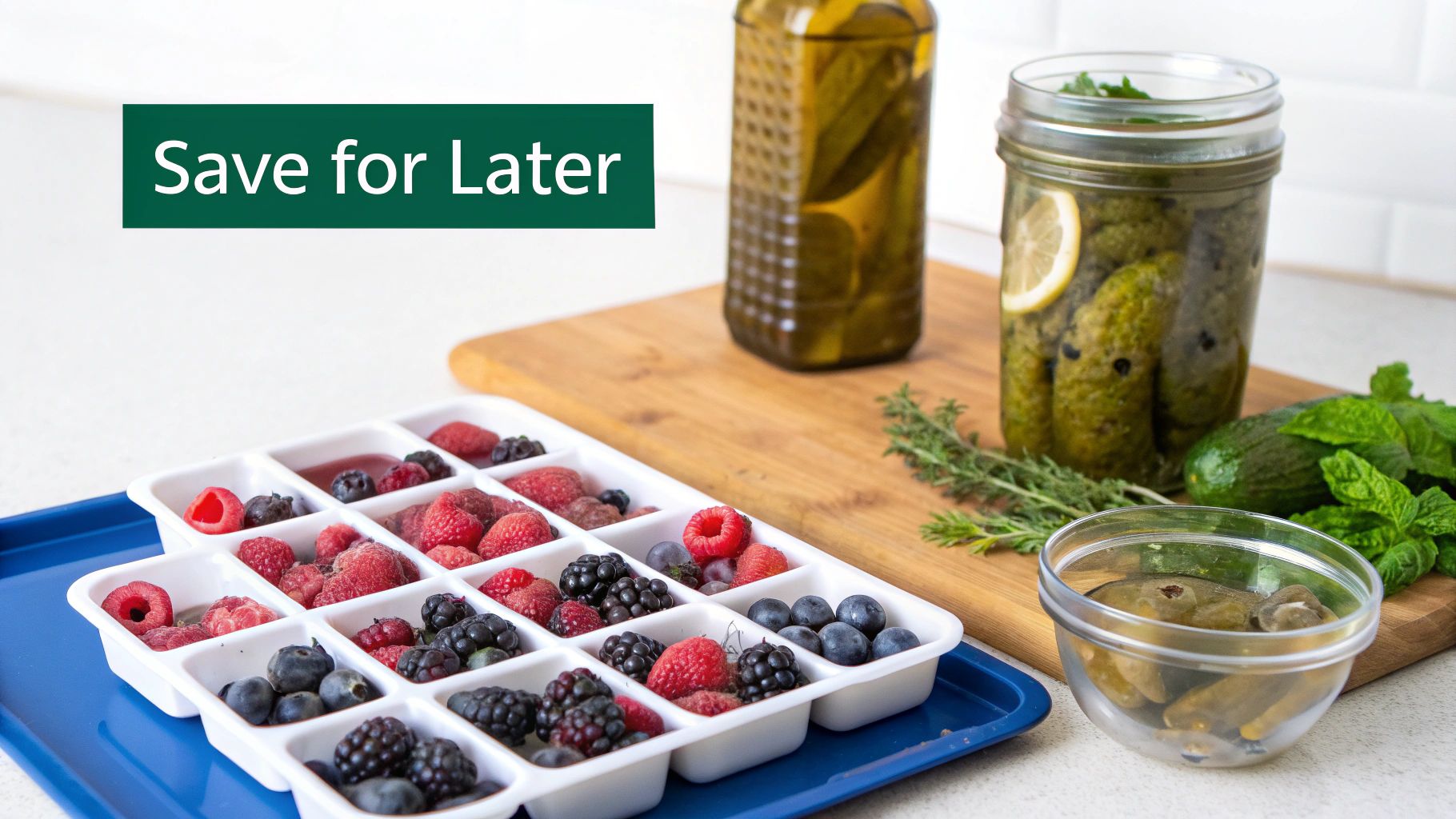Frozen berries and herbs in ice cube trays on a rustic wooden table.