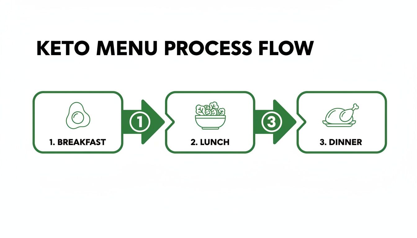 A visual flow chart illustrating a keto menu daily process with breakfast, lunch, and dinner options.