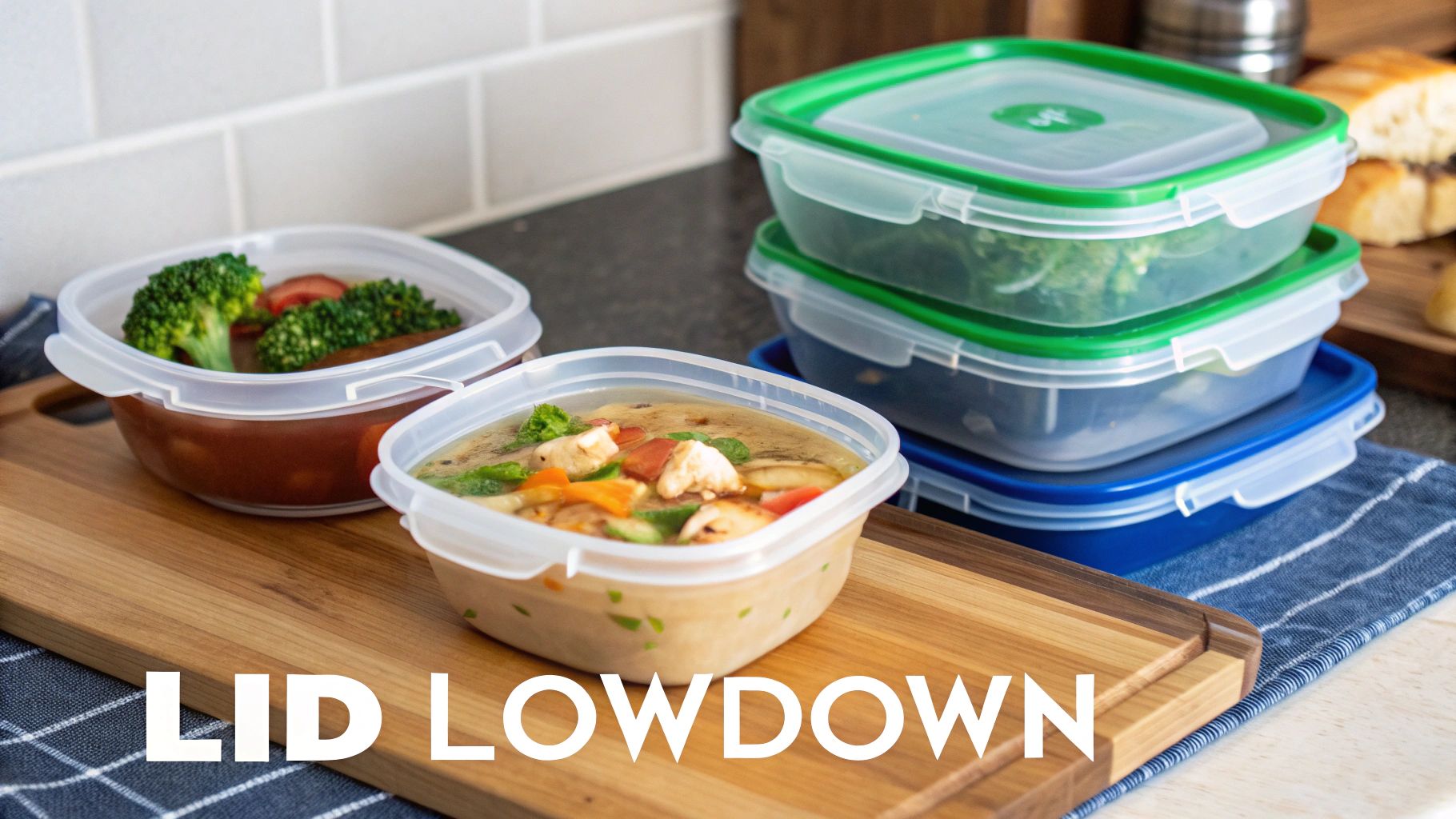 Clear plastic meal prep containers filled with healthy food and stacked on a wooden board.
