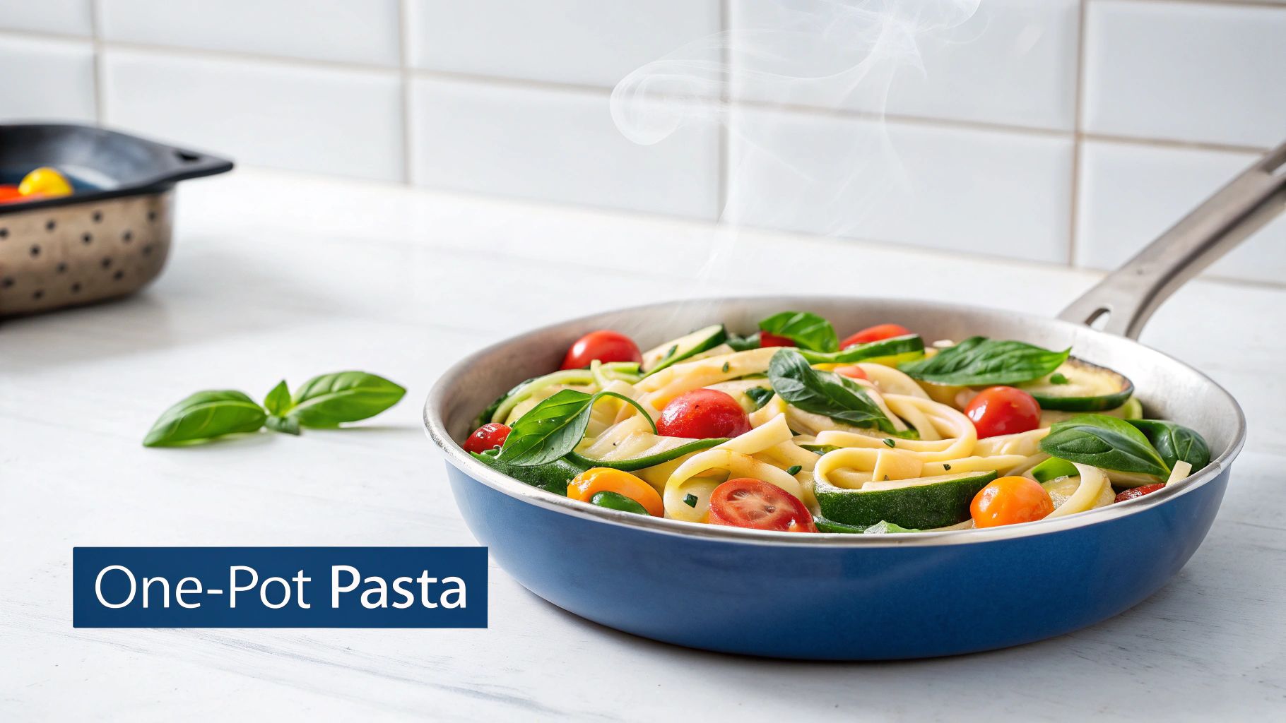 Steaming one-pot pasta in a blue pan with cherry tomatoes, zucchini, and fresh basil.