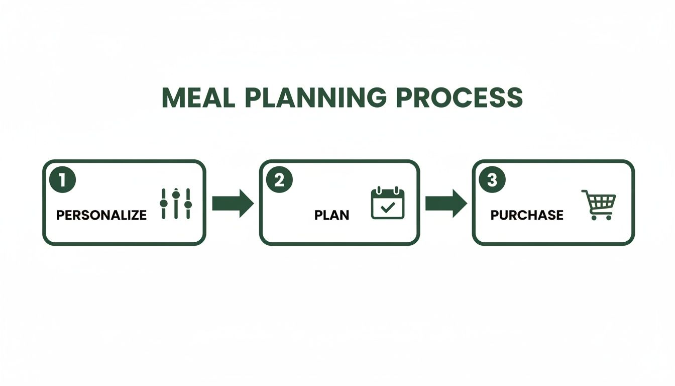 A three-step meal planning process infographic: personalize settings, plan meals, and purchase groceries.