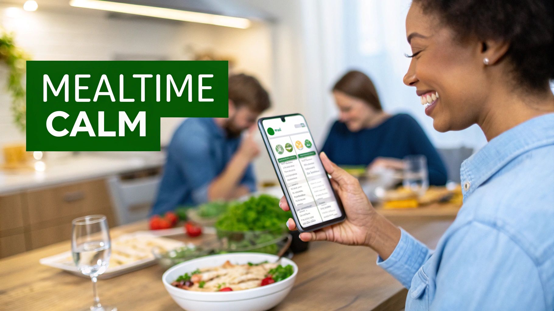 Smiling woman uses a meal planning app on her smartphone in a cozy kitchen setting with food.