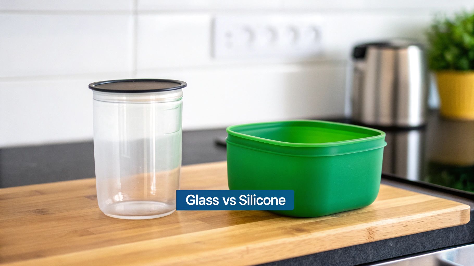 A clear glass container and a green silicone container on a wooden board in a modern kitchen.