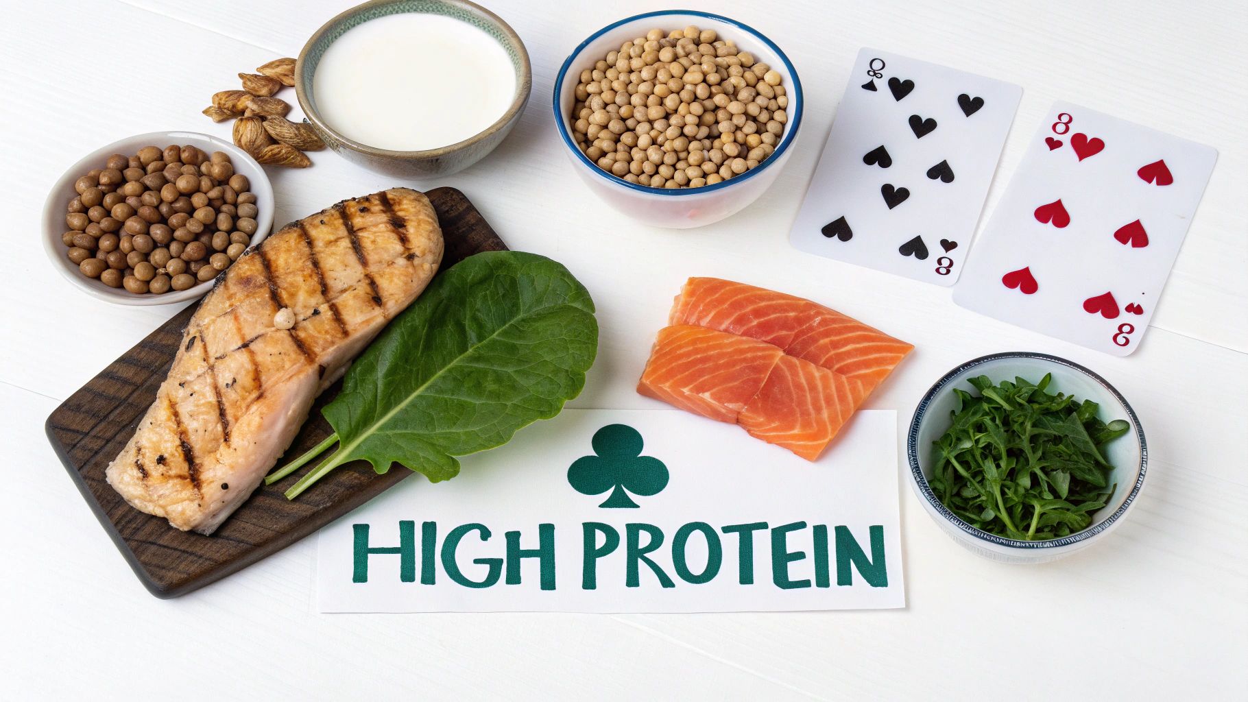 A flat lay of high-protein foods including grilled salmon, raw salmon, soybeans, peas, milk, almonds, spinach, and arugula with a 'HIGH PROTEIN' sign.