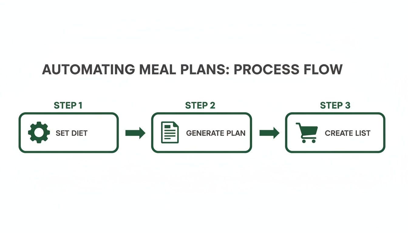 Diagram shows automating meal plans: set diet, generate plan, and create grocery list.