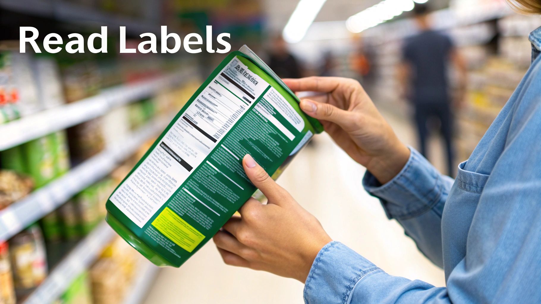 A person in a supermarket carefully reads the nutrition label on a green food product.