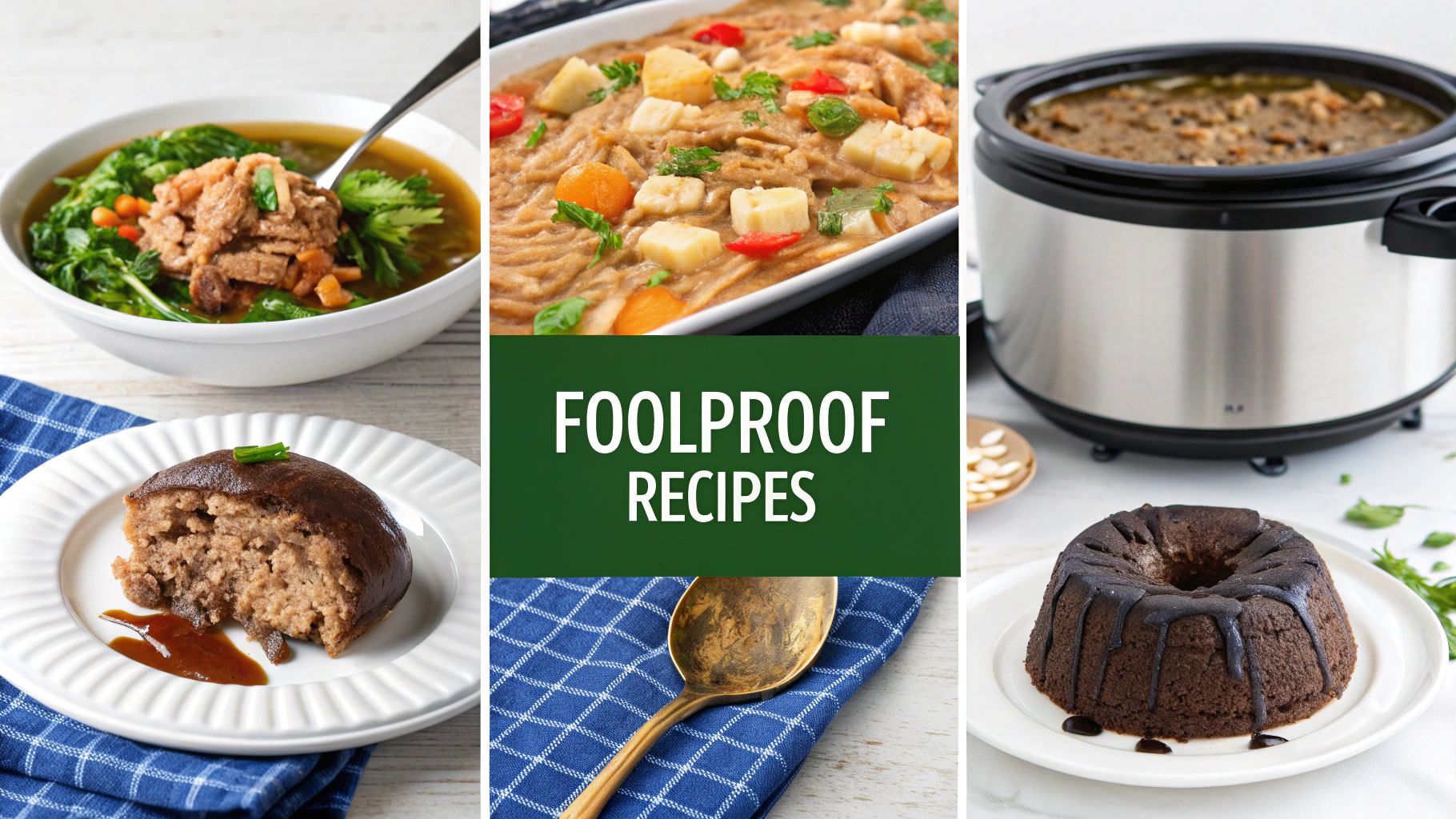 A collage of various foolproof recipes including soup, stew, slow cooker dish, steamed pudding, and chocolate cake.