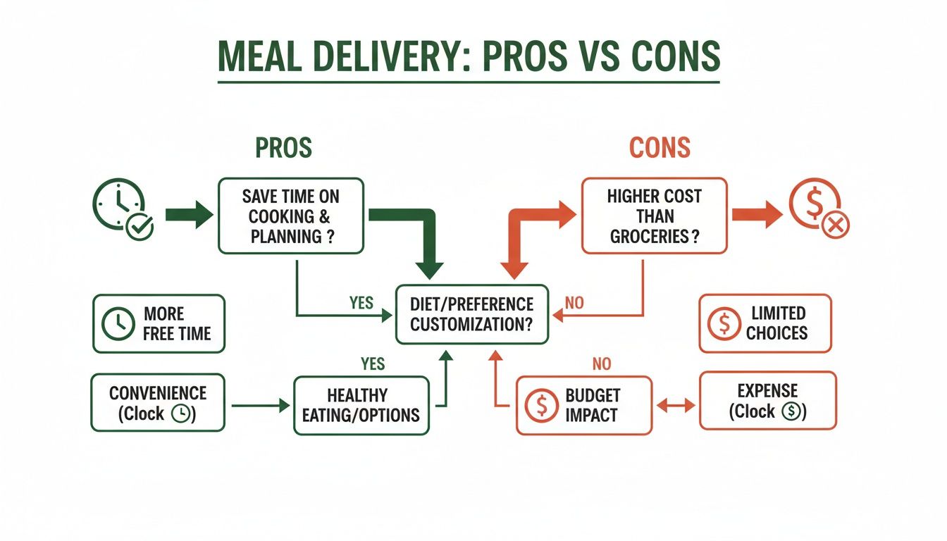 Flowchart illustrating the pros and cons of meal delivery services, covering time, cost, customization, and health.
