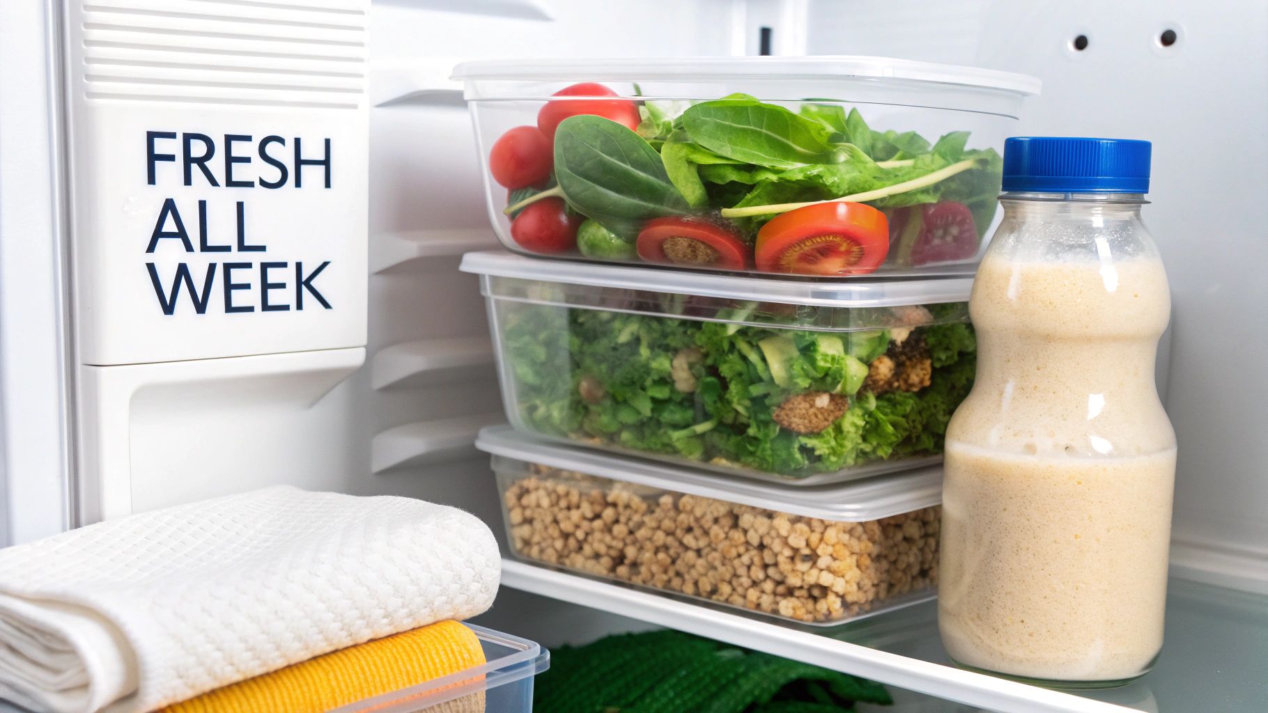 Organized refrigerator with stacked containers of fresh salads, healthy snacks, and a smoothie.
