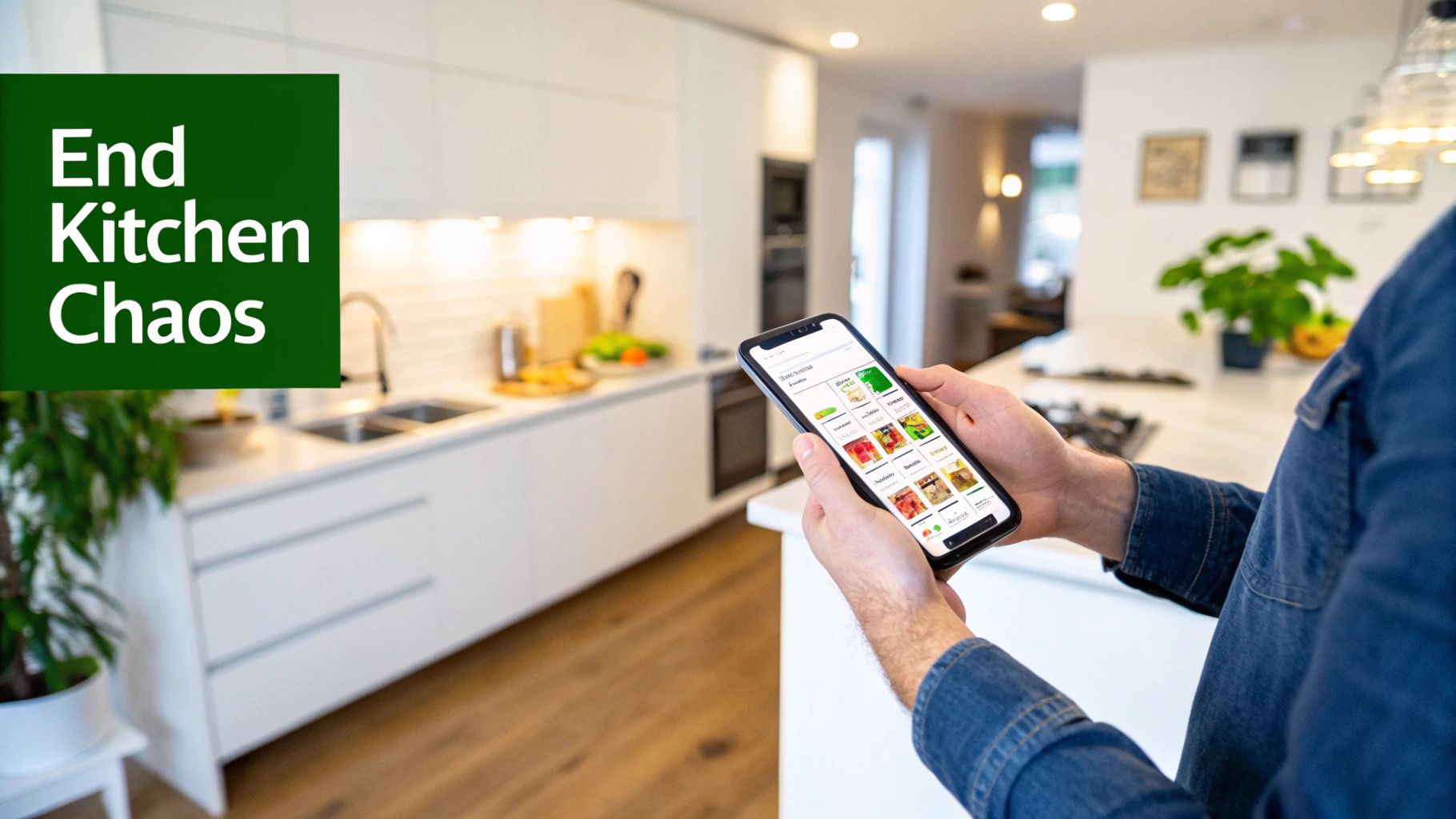 A person uses a meal planning and grocery list app on a smartphone in a modern kitchen.