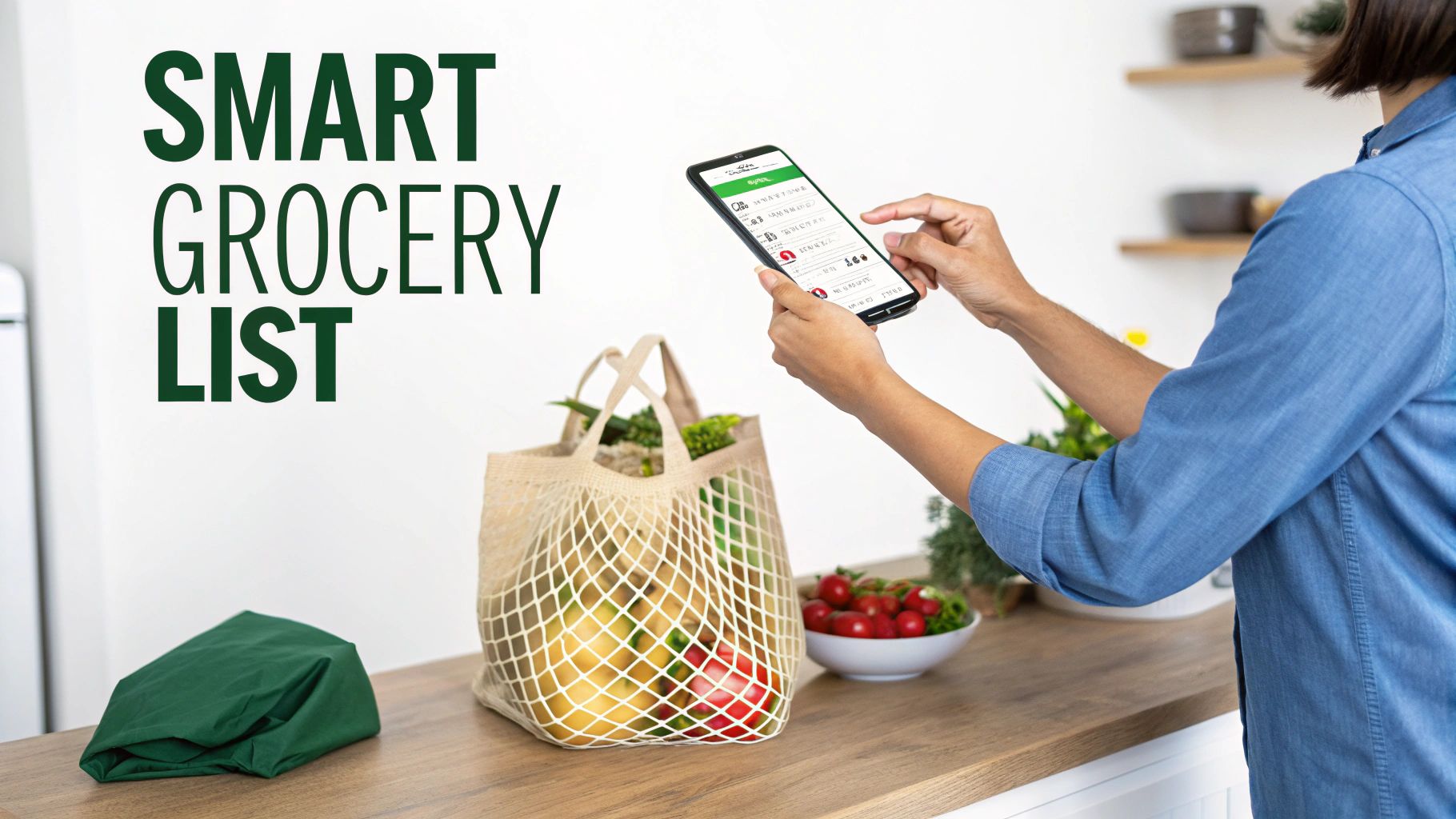 Woman using smartphone grocery list app while standing near reusable shopping bag filled with fresh vegetables