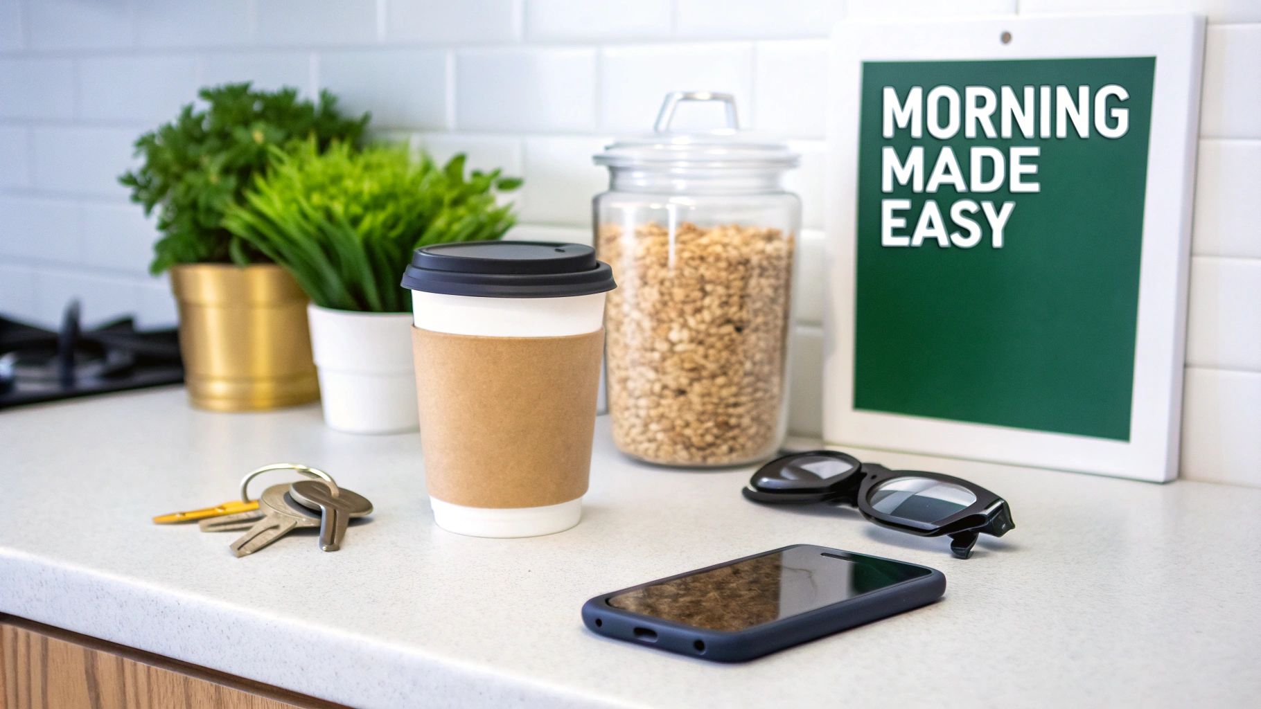Kitchen counter with coffee cup, smartphone, keys, and sunglasses beside morning made easy sign