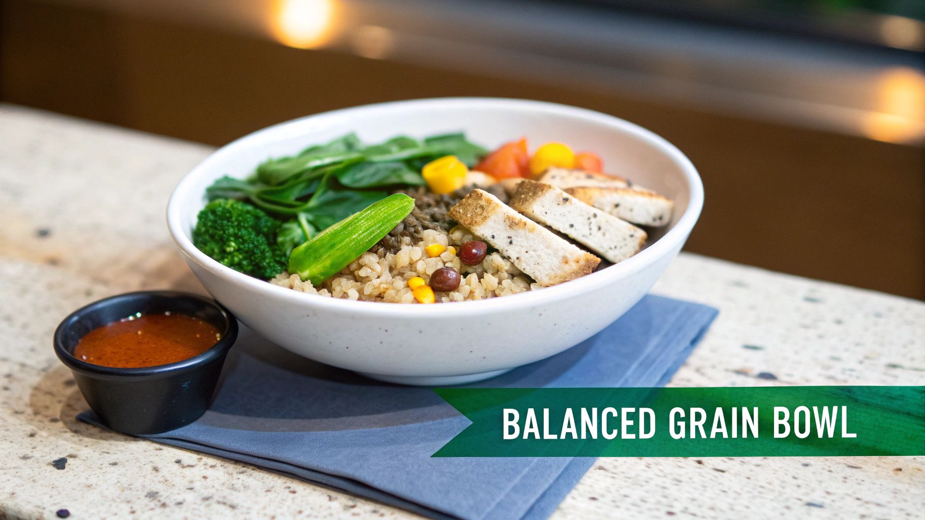 A balanced grain bowl with tofu, broccoli, spinach, lentils, and mixed grains, served with a side sauce.