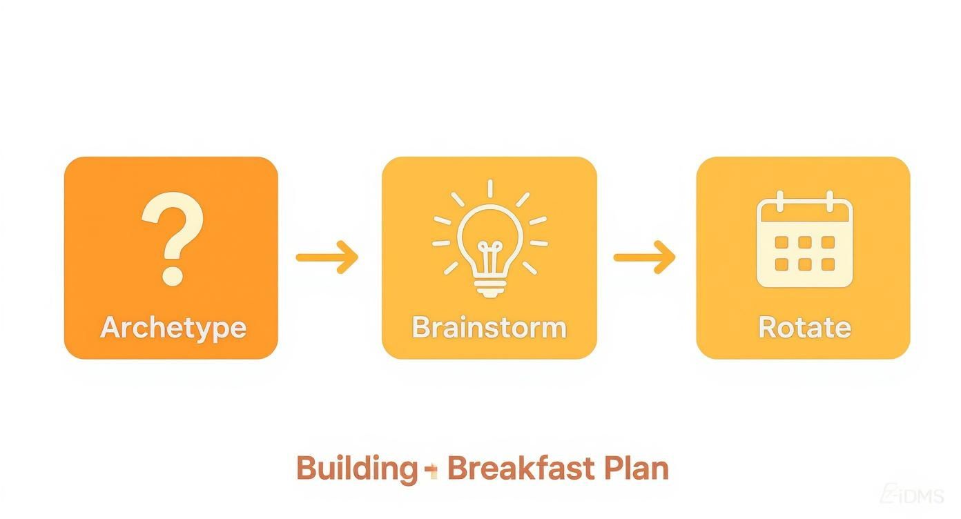 Three-step workflow diagram showing archetype, brainstorm, and rotate phases for building breakfast meal plans