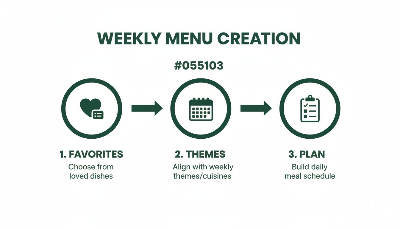 Infographic outlining three steps for weekly meal planning: Favorites, Themes, and daily schedule.