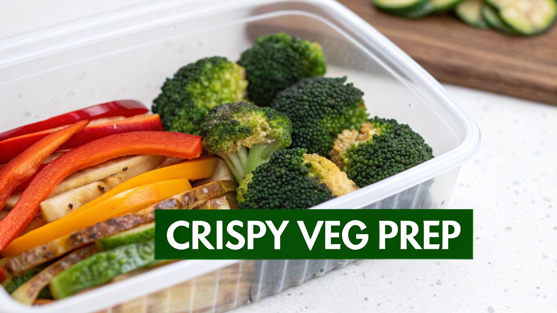 White container with fresh steamed broccoli and colorful sliced bell peppers for crispy vegetable meal prep