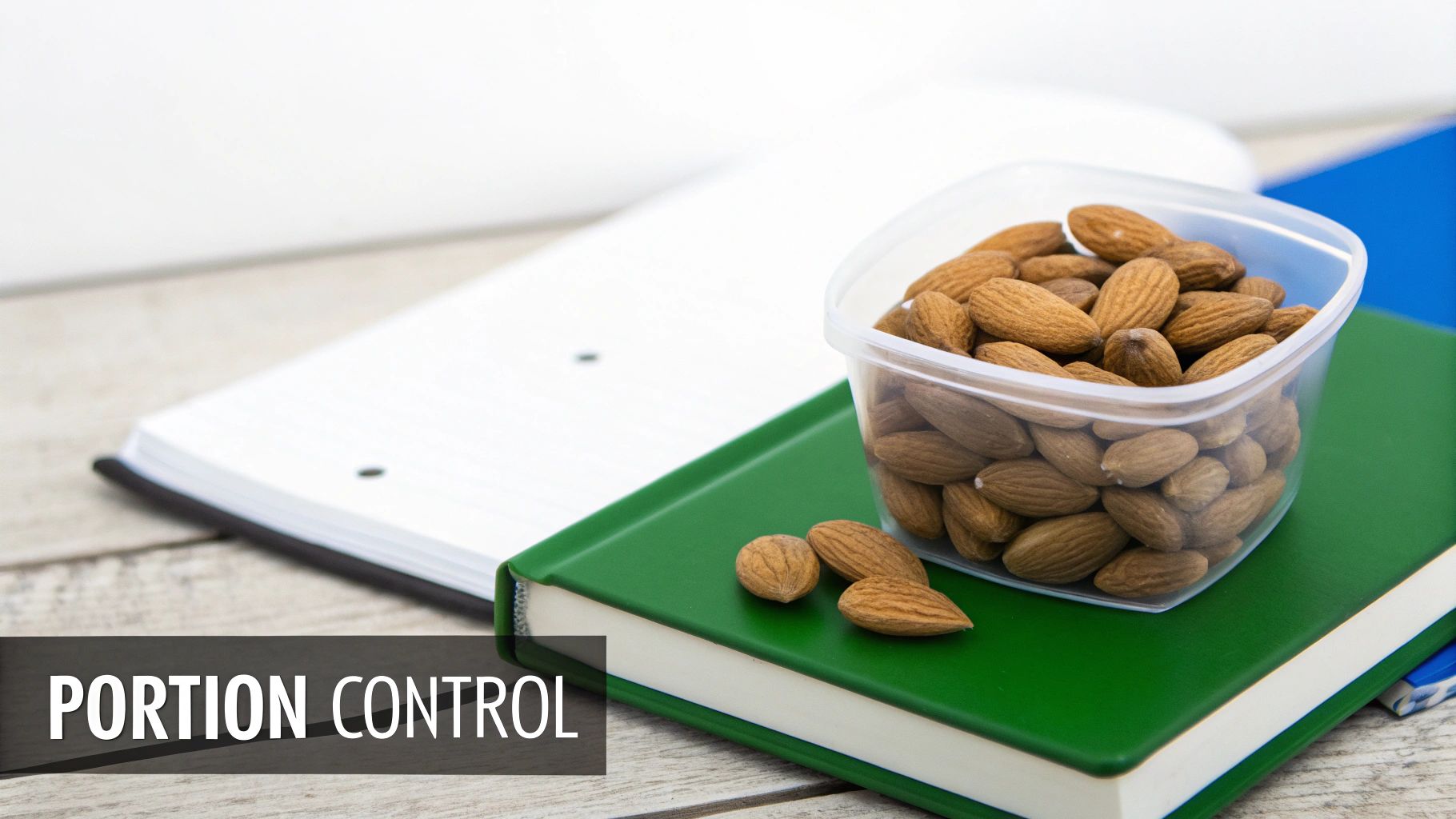 A plastic container filled with almonds on a green book, emphasizing portion control for snacking.