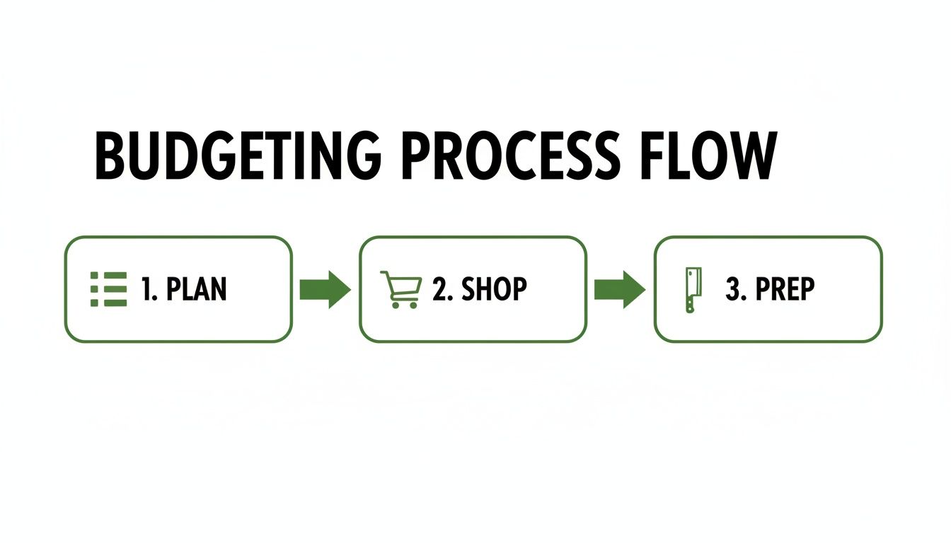 A simple budgeting process flow chart depicting three steps: Plan, Shop, and Prep.