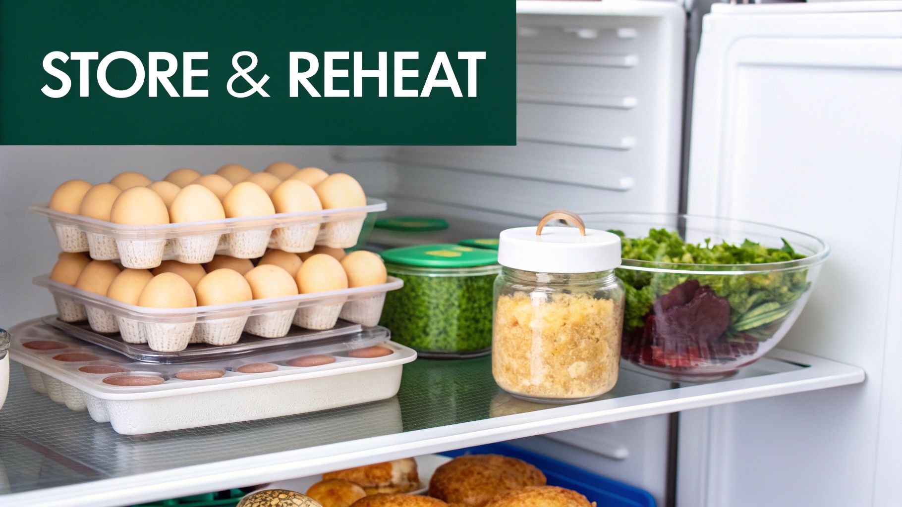 An open refrigerator shelf filled with prepped meals including eggs, vegetables, and more, with text 'STORE & REHEAT'.