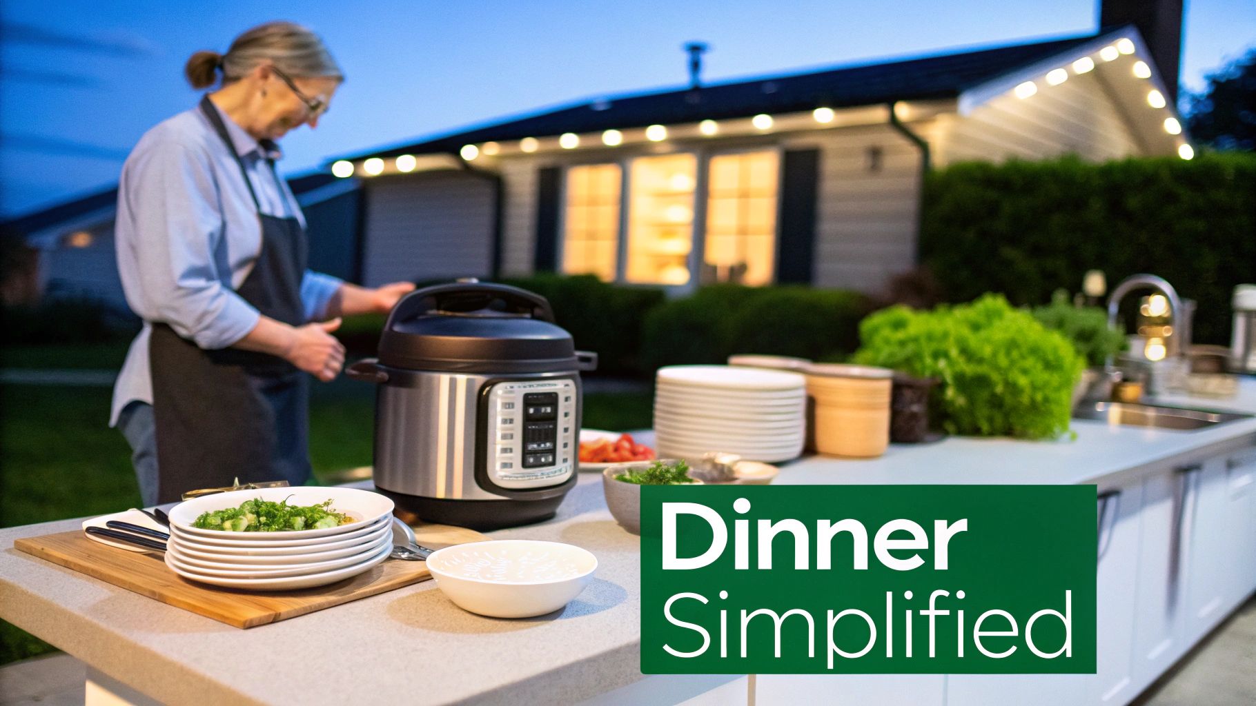 Woman preparing dinner outdoors with an Instant Pot, surrounded by dishes and fresh salad.
