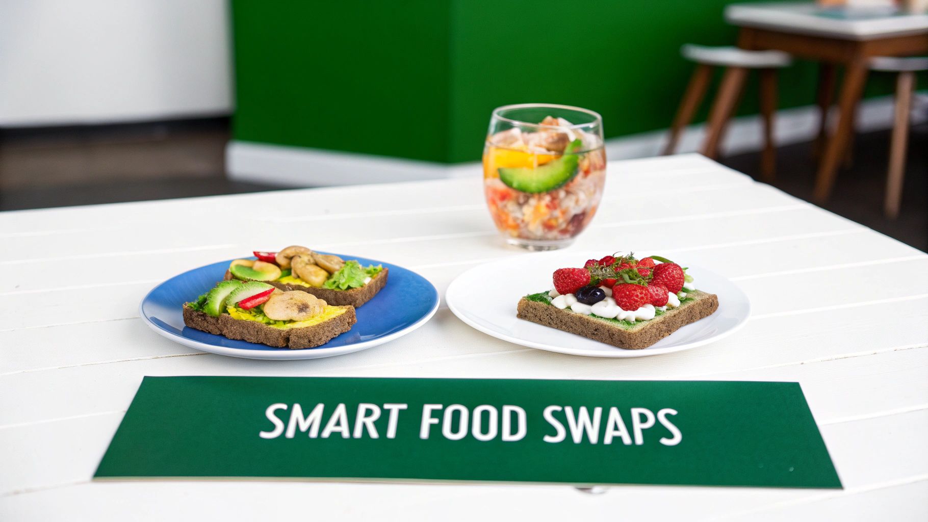Plates of healthy toasts with fruits and vegetables, a glass of salad, and a 'Smart Food Swaps' sign.