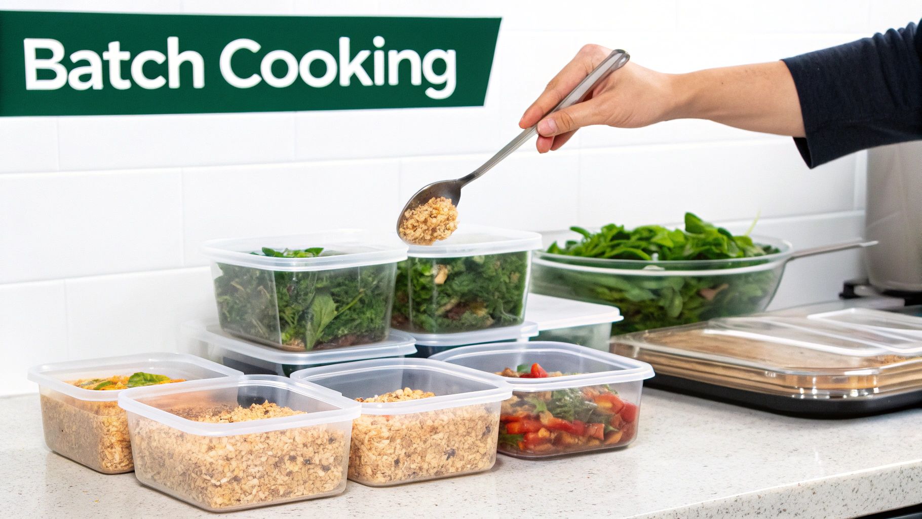 Hand scooping grains into a meal prep container, surrounded by other prepared food for batch cooking.