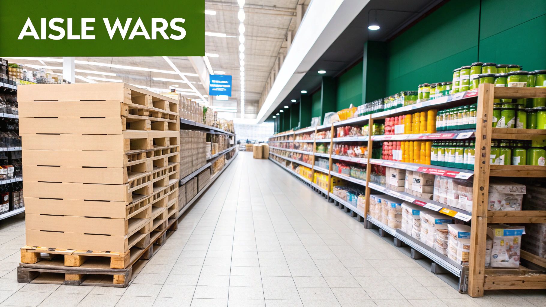 A wide view of a grocery store aisle with shelves of food products and a stack of pallets.