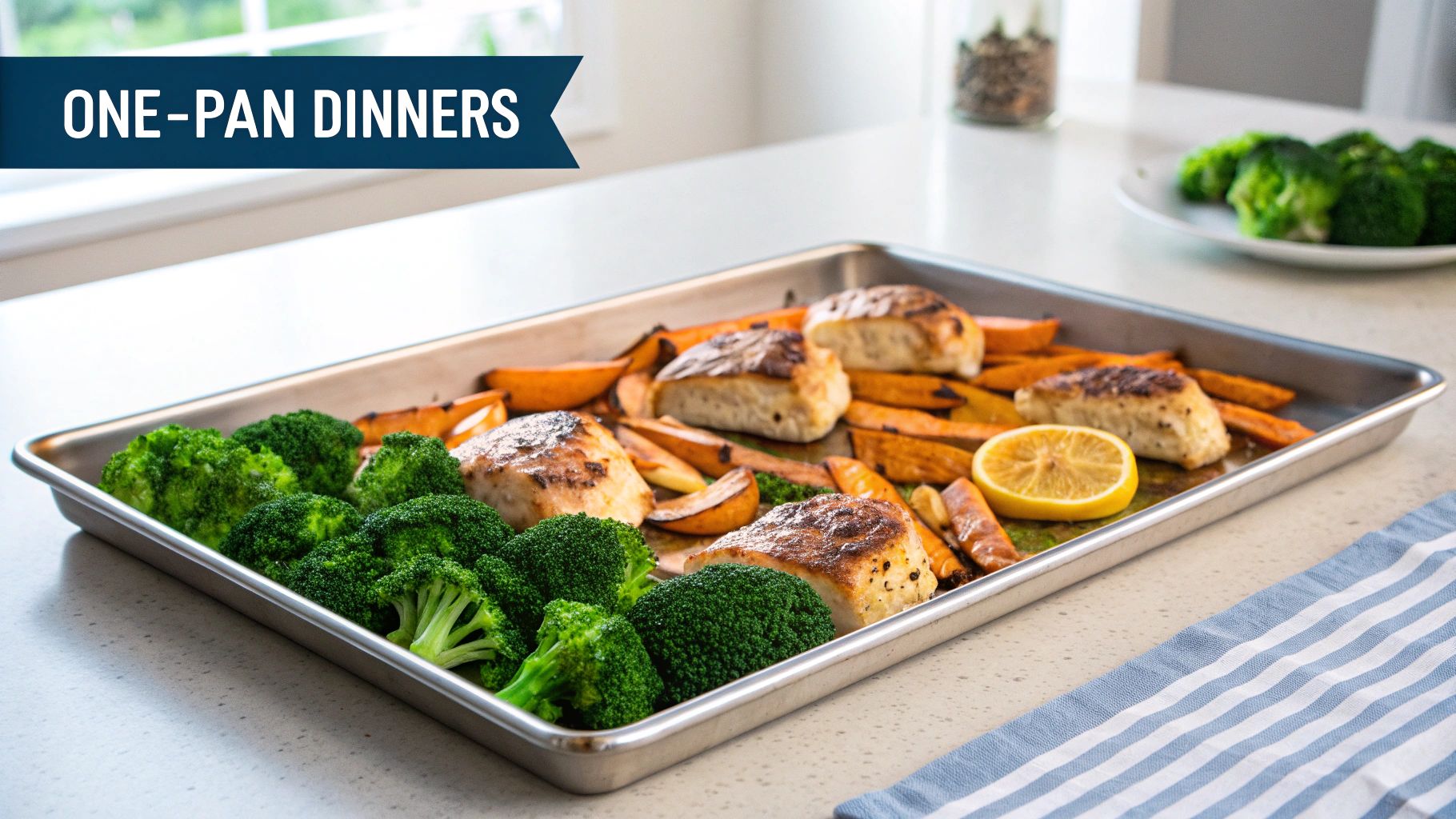 A sheet pan dinner with roasted chicken, sweet potatoes, broccoli, and a lemon wedge, ready to eat.