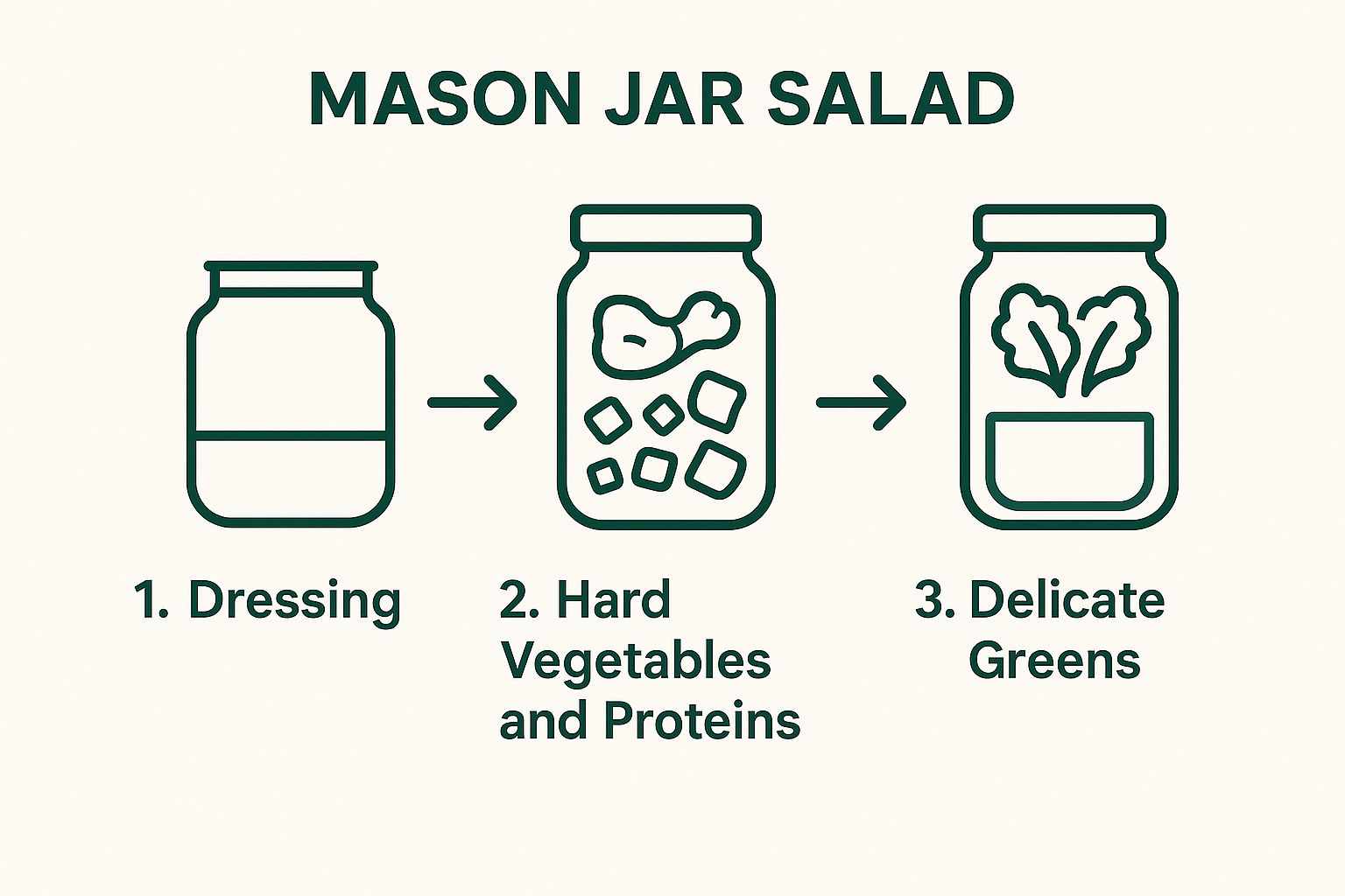 Infographic showing the three-step process for layering a Mason jar salad: dressing at the bottom, hard ingredients in the middle, and delicate greens at the top.