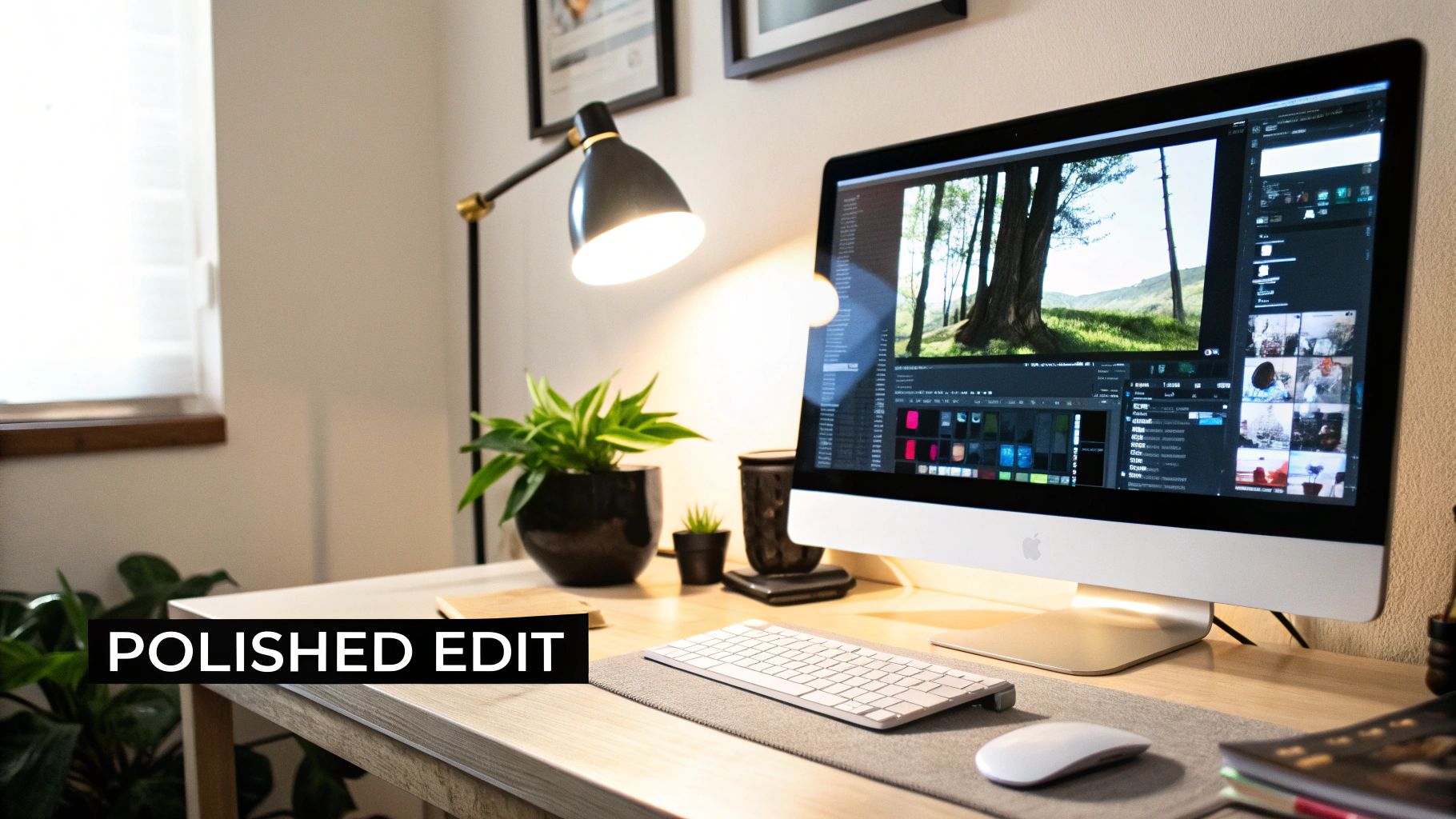 A clean and organized home office setup with an iMac displaying photo editing software, a keyboard, mouse, and potted plants.