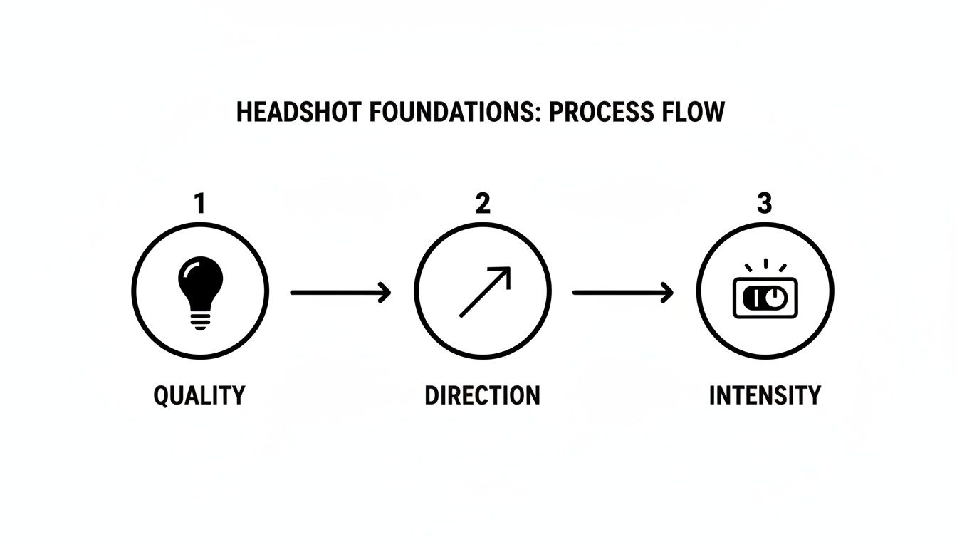 Diagram showing three-step headshot lighting process: quality (lightbulb), direction (arrow), and intensity (switch).