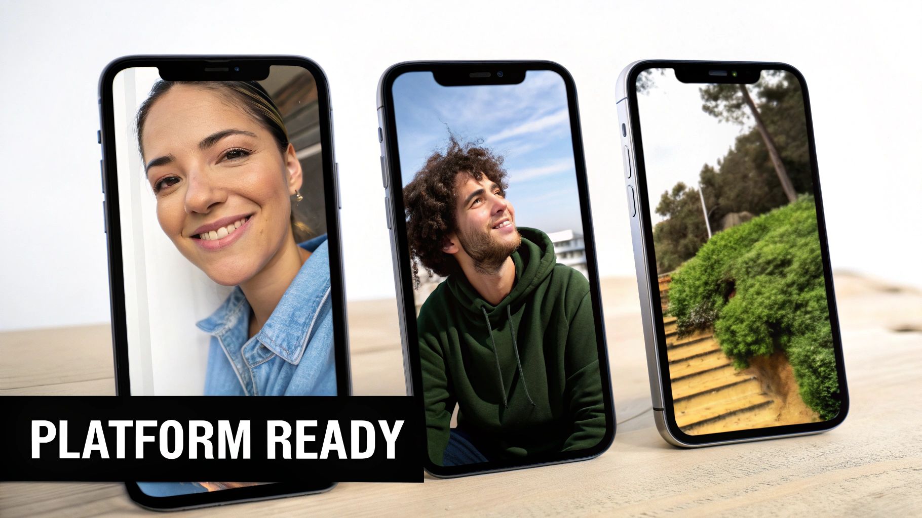 Three smartphones displaying diverse content: a smiling woman, a man looking at the sky, and a lush outdoor landscape, with 'PLATFORM READY' text.